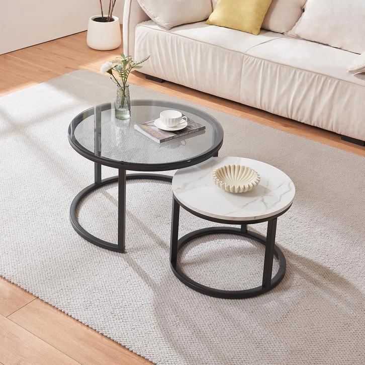 Salontafel set van 2 Kokkola rookglas marmer wit en zwart [e, Huis en Inrichting, Tafels | Salontafels, Verzenden