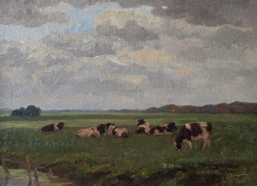 Freek Engel (1872-1958) - Hollands landschap met koeien, Antiek en Kunst, Kunst | Schilderijen | Klassiek