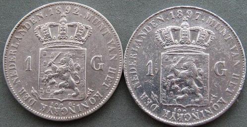 Nederland. Wilhelmina. 1 Gulden 1892 en 1897 (Zonder, Postzegels en Munten, Munten | Nederland