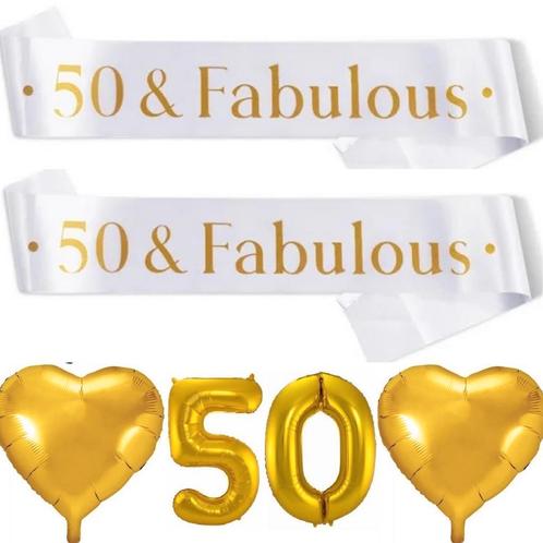 50 & Fabulous set goud met wit 5-delig, Hobby en Vrije tijd, Feestartikelen, Geboorte of Huwelijk, Nieuw, Versiering, Verzenden