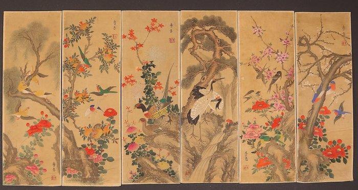 Pittoreske vogels en bloemen set, gesigneerd - Zijde - Korea, Antiek en Kunst, Antiek | Overige Antiek
