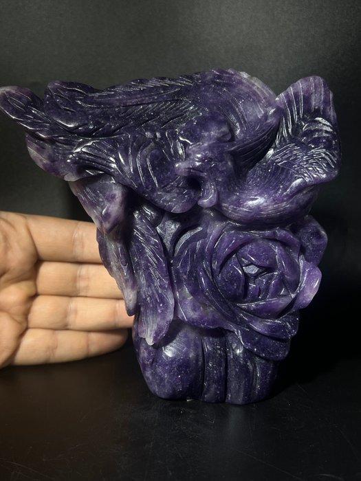 Paars fluoriet pauw op roos Met de hand gesneden kristallen, Verzamelen, Mineralen en Fossielen