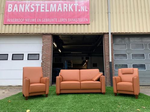 BANKSTEL SENIOREN BRUIN LEER 2,5+1+1 ZIT BANK EN FAUTEUILS, Huis en Inrichting, Banken | Bankstellen, Zo goed als nieuw, Hout