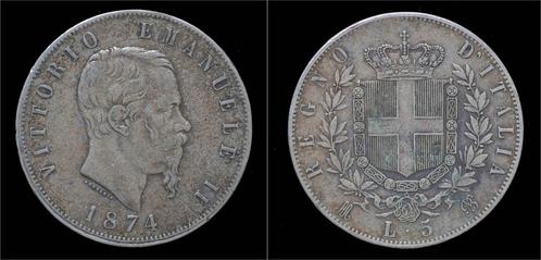 Italy Vittorio Emanuele Ii 5 lire 1874m zilver, Postzegels en Munten, Munten en Bankbiljetten | Toebehoren, Verzenden