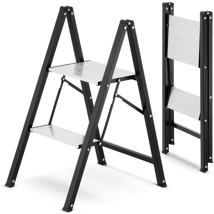 Keukentrap 2 treden - opvouwbare trapladder - zwart zilver, Doe-het-zelf en Verbouw, Ladders en Trappen, Nieuw, Ophalen of Verzenden