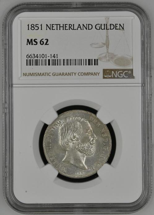 Koning Willem III 1 Gulden 1851 MS62 NGC gecertificeerd, Postzegels en Munten, Munten | Nederland, Losse munt, Zilver, Verzenden
