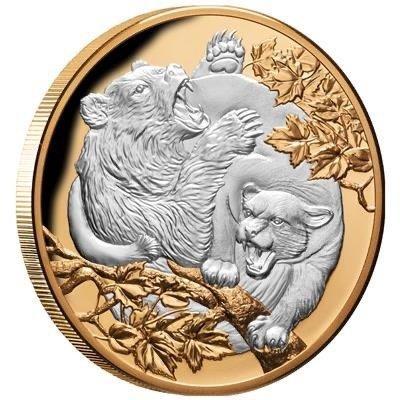 Niue. 10 Dollars 2022 Cougar & Bear, 5 Oz (.999), Postzegels en Munten, Munten | Europa | Niet-Euromunten