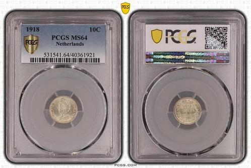 Koningin Wilhelmina 10 cent 1918 MS64 PCGS gecertificeerd, Postzegels en Munten, Munten | Nederland, Losse munt, Zilver, Verzenden
