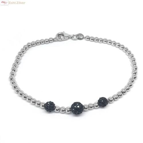 Zilveren balletjes armband 3 zwarte bling kristallen, Sieraden, Tassen en Uiterlijk, Armbanden, Nieuw, Verzenden