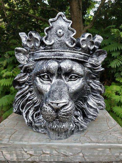 Beeld, lion head garden statue silver bronze color for, Antiek en Kunst, Kunst | Designobjecten