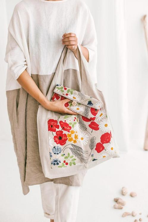 Handgemaakte linnen Opvouwbare tas - met wilde bloemen -, Sieraden, Tassen en Uiterlijk, Tassen | Schoudertassen