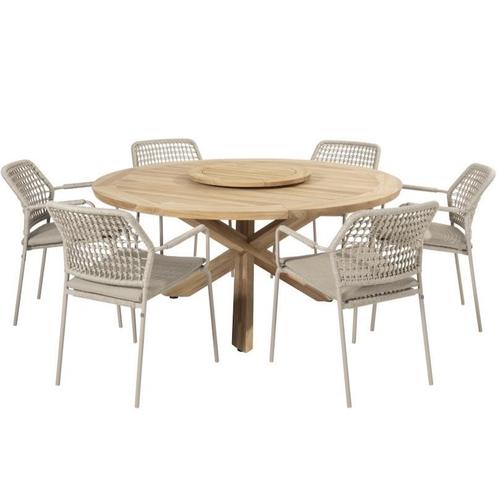 Barista Prado dining tuinset 160 cm rond 7 delig latte teak, Tuin en Terras, Tuinsets en Loungesets, Nieuw, Ophalen of Verzenden