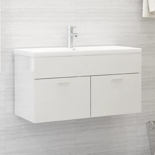 vidaXL Wastafelkast 90x38,5x46 cm bewerkt hout hoogglans wit, Huis en Inrichting, Badkamer | Badkamermeubels, Nieuw, Minder dan 100 cm