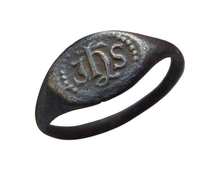 Renaissance Brons ring met IHS-monogram, Sieraden, Tassen en Uiterlijk, Antieke sieraden