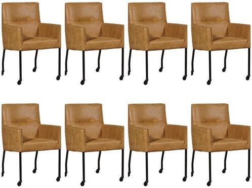 Set van 8 Leren eetkamerstoelen - met wieltjes en armleuning, Huis en Inrichting, Stoelen, Vijf, Zes of meer stoelen, Overige kleuren