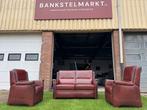 Bankstel SENIOREN Mecam bruin leer 2 zit bank +2 fauteuils, Zo goed als nieuw, Rechte bank, Leer, Senioren
