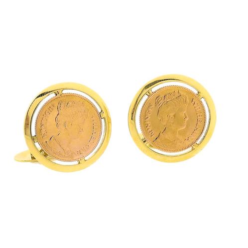 Gouden manchetknopen met 5 gulden munt Koningin Wilhelmin..., Sieraden, Tassen en Uiterlijk, Antieke sieraden, Goud, Ophalen of Verzenden
