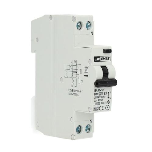 EMAT aardlekautomaat 1-polig+nul 10A B-kar 30mA (85006002), Doe-het-zelf en Verbouw, Elektra en Kabels, Verzenden