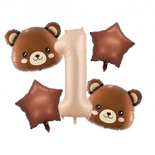 5-delige folie ballonset 1 met 2 bruine beren en 2 sterren, Hobby en Vrije tijd, Feestartikelen, Verjaardag, Versiering, Nieuw