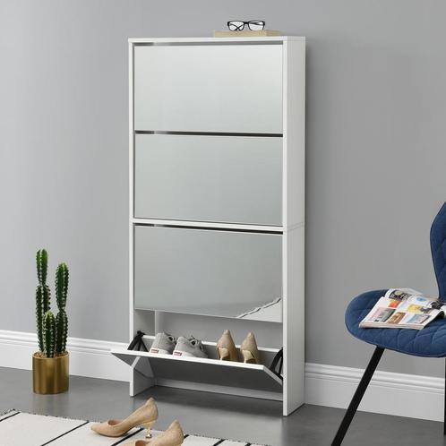 Schoenenkast met spiegels 4 vouwdeuren 134x63x17 cm wit, Huis en Inrichting, Kasten | Schoenenkasten, Verzenden
