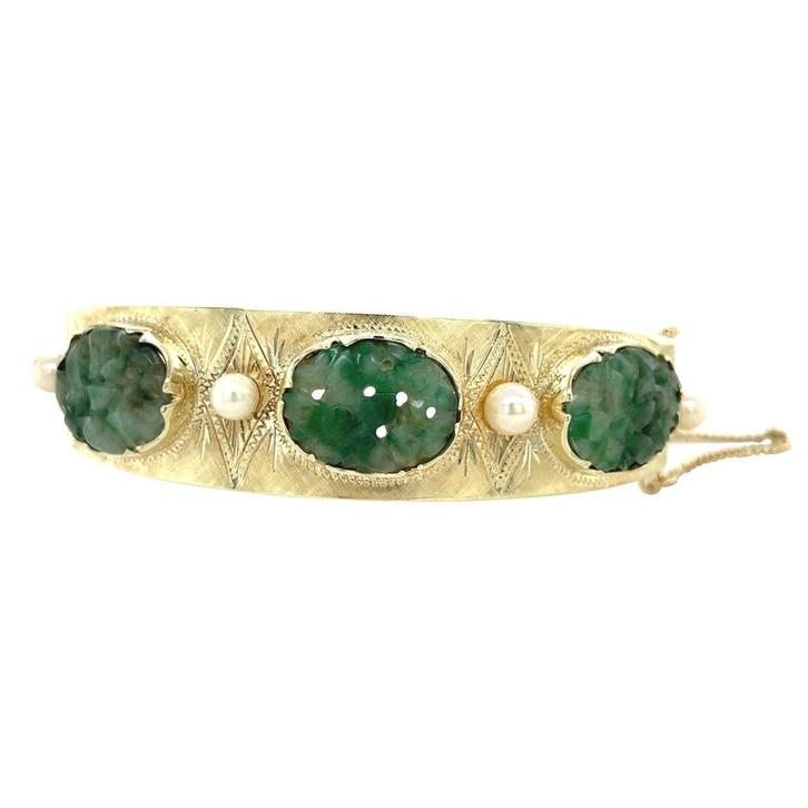 Gouden vintage bangle met jade en parel 14 kt, Sieraden, Tassen en Uiterlijk, Armbanden, Nieuw, Ophalen of Verzenden