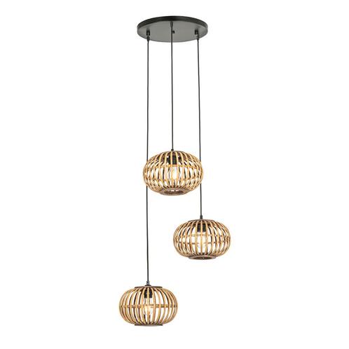 Oosterse hanglamp bamboe 3-lichts rond - Amira, Huis en Inrichting, Lampen | Hanglampen, Nieuw, 75 cm of meer