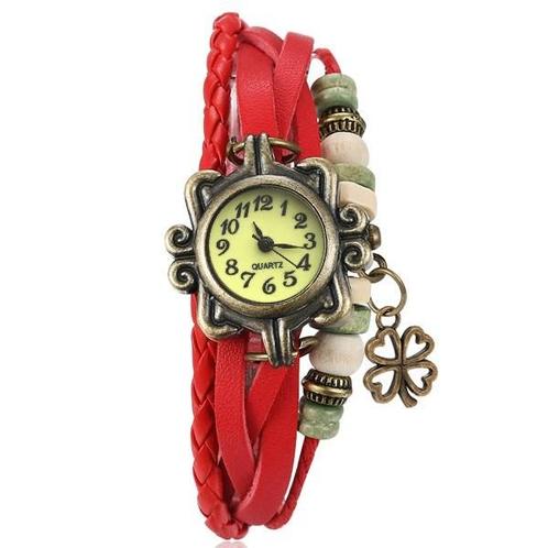 Fako® - Armband Horloge - Klavertje Vier - Rood, Sieraden, Tassen en Uiterlijk, Horloges | Dames, Verzenden