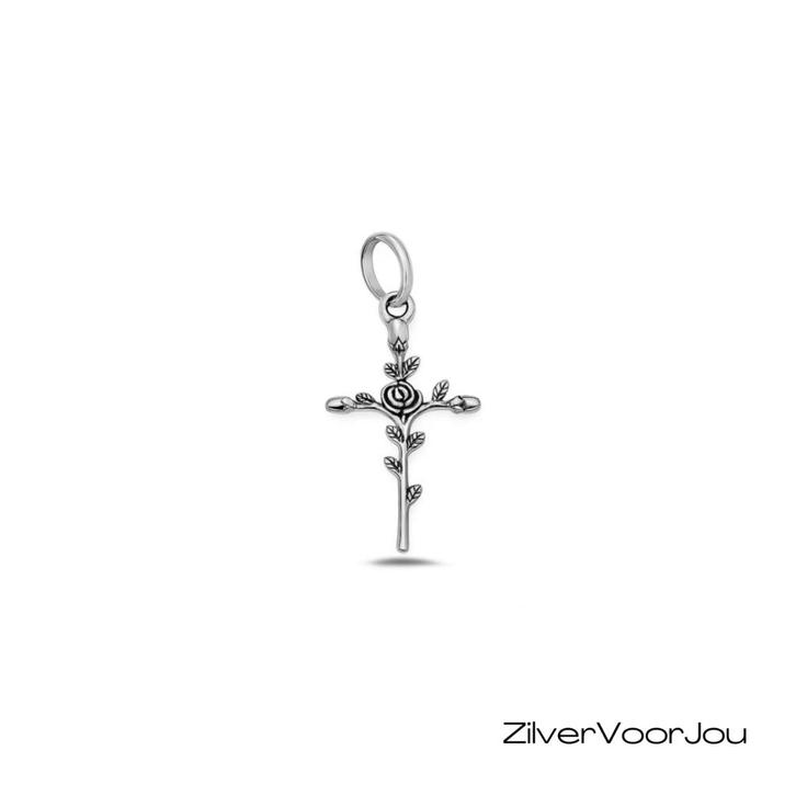 925 zilveren kruis hanger met roos en bladeren, Sieraden, Tassen en Uiterlijk, Kettinghangers, Nieuw, Verzenden