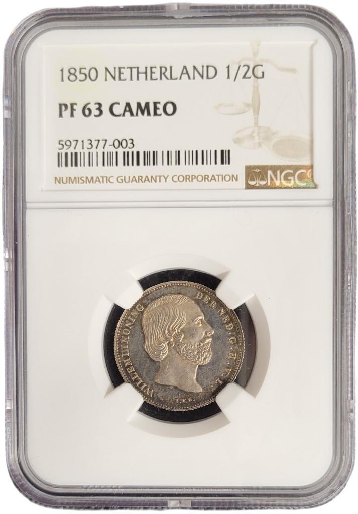 Koning Willem III halve gulden 1850 PF63 Cam NGC, Postzegels en Munten, Munten | Nederland, Losse munt, Koning Willem III, Zilver
