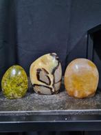 HQ set of 3 sculptures, green opal, septaria, golden healer, Verzamelen, Mineralen en Fossielen