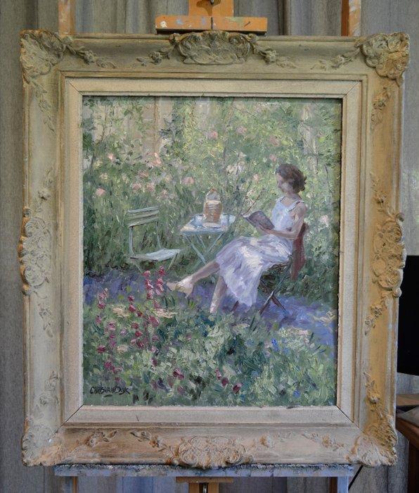 Chris van Dijk (1952) - Impressionist  Mon coin de jardin à, Antiek en Kunst, Kunst | Schilderijen | Klassiek