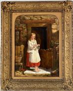 British school (XlX) - Girl standing and knitting at a, Antiek en Kunst