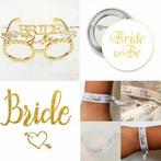 Vrijgezellenfeest set Bride wit met goud met bril button tat, Nieuw, Feestartikel, Geboorte of Huwelijk, Verzenden