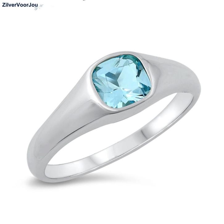 Zilveren rhodium dames zegelring vierkante aquamarijn blauwe, Sieraden, Tassen en Uiterlijk, Ringen, Nieuw, Verzenden