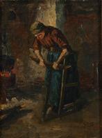 Johannes Abraham Mondt (1859-1941) - Een houtzagende vrouw, Antiek en Kunst, Kunst | Schilderijen | Klassiek