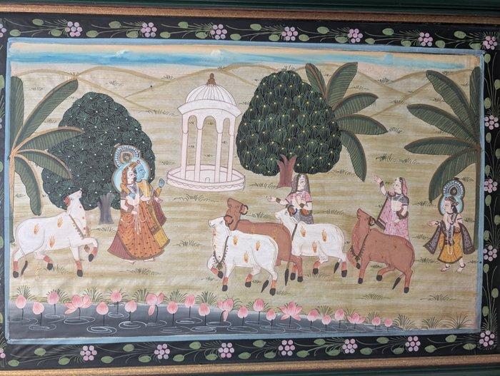 Onbekende kunstenaar - gerahmte Seidenmalerei Krishna und, Antiek en Kunst, Kunst | Niet-Westerse kunst