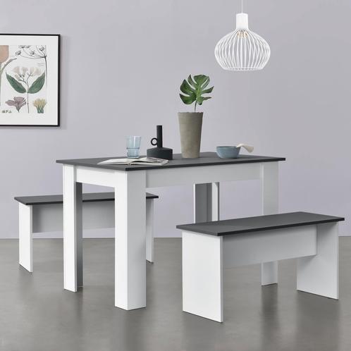Eethoek set tafel 110x70x73 en banken 86,5x33x43,5 wit grijs, Huis en Inrichting, Tafels | Eettafels, Verzenden
