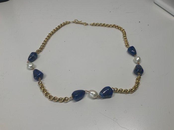 Halsketting - 19.2 kt. Geel goud Lapis lazuli - Parel -, Sieraden, Tassen en Uiterlijk, Kettingen