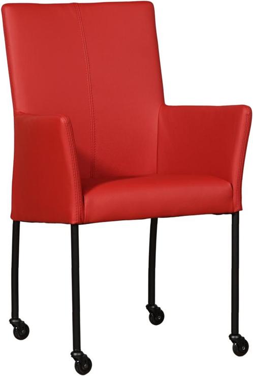 Rode leren moderne eetkamerstoel - poot rond zwart met wiel, Huis en Inrichting, Stoelen, Eén, Overige kleuren, Nieuw, Leer, Ophalen of Verzenden