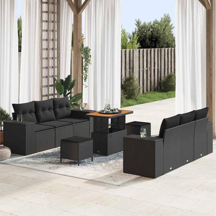 vidaXL Tuin Sofa Set met kussen 9 pcs Zwart Poly riet, Tuin en Terras, Tuinsets en Loungesets, Nieuw, Rotan, Verzenden