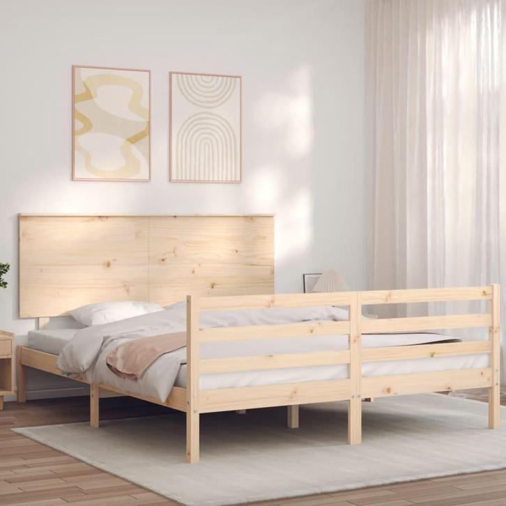 vidaXL Bedframe met hoofdbord massief hout 160x200 cm, Huis en Inrichting, Slaapkamer | Bedden, 160 cm, 200 cm, Bruin, Tweepersoons