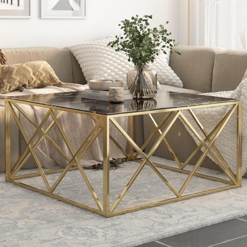 vidaXL Salontafel roestvrijstaal en gehard glas goudkleurig, Huis en Inrichting, Tafels | Salontafels, Nieuw, 100 tot 150 cm, Metaal