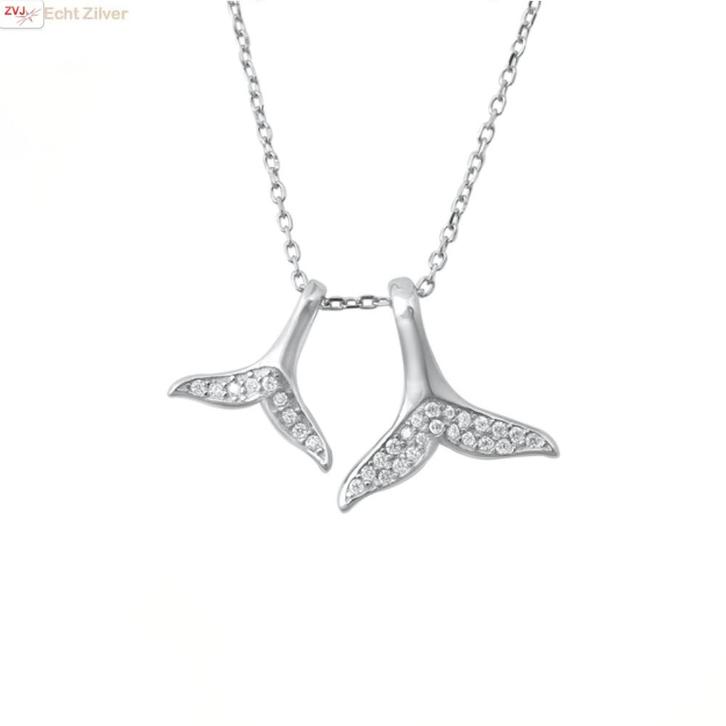 Zilveren moeder kind walvisstaart ketting witte cz, Sieraden, Tassen en Uiterlijk, Kettingen, Nieuw, Verzenden