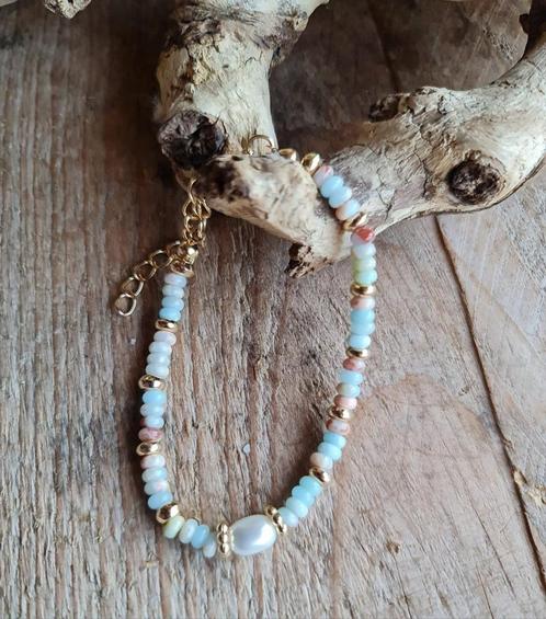 Handgemaakte edelsteen armband van Aquamarijn en parel -, Sieraden, Tassen en Uiterlijk, Armbanden