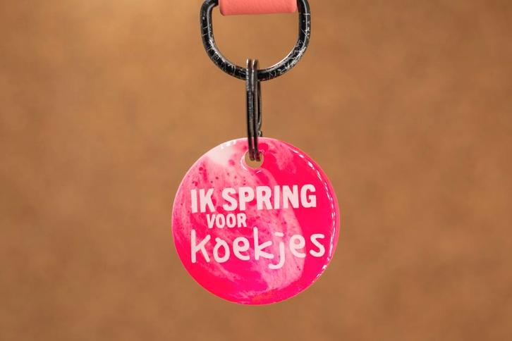 Grappige hondenpenning - Ik spring voor koekjes, Dieren en Toebehoren, Hondenhalsbanden en Penningen, Handgemaakt, Nieuw, Verzenden