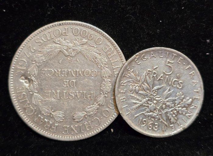 Frans Indochina. Piastre de commerce 1908-A + 5 Francs 1963, Postzegels en Munten, Munten | Europa | Niet-Euromunten