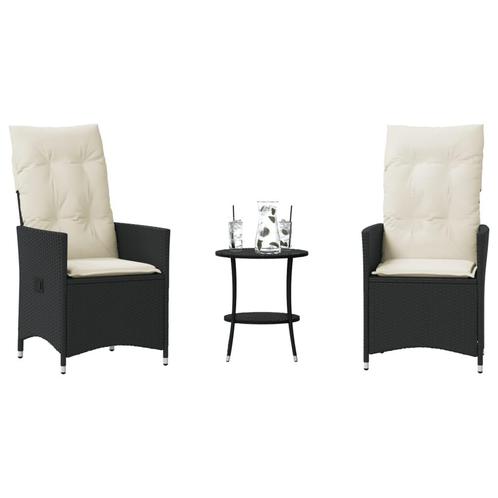 vidaXL 3-delige Bistroset met kussens poly rattan zwart, Tuin en Terras, Tuinsets en Loungesets, Nieuw, Rotan, Verzenden