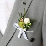 Luxe corsage, corsage craspedia bolletjes groen wit met en, Ophalen of Verzenden, Nieuw