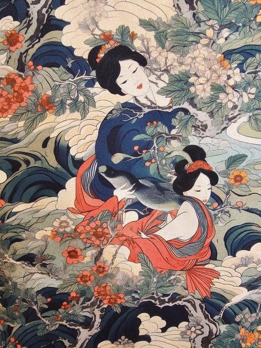 Exclusief oosters textiel met lithografieën van Geisha -, Antiek en Kunst, Antiek | Kleden en Textiel