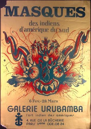 Tentoonstelling over de maskers van Indianen op poster beschikbaar voor biedingen